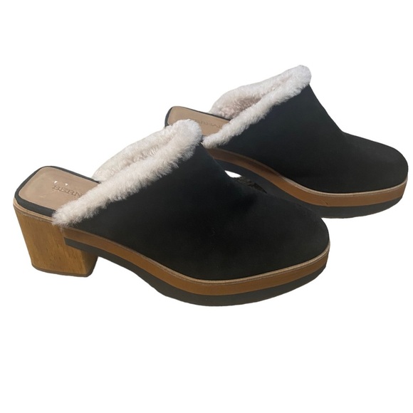Anthropologie Bernardo Sky Clog platform Shearling cozy black suede shoe - Picture 8 of 11